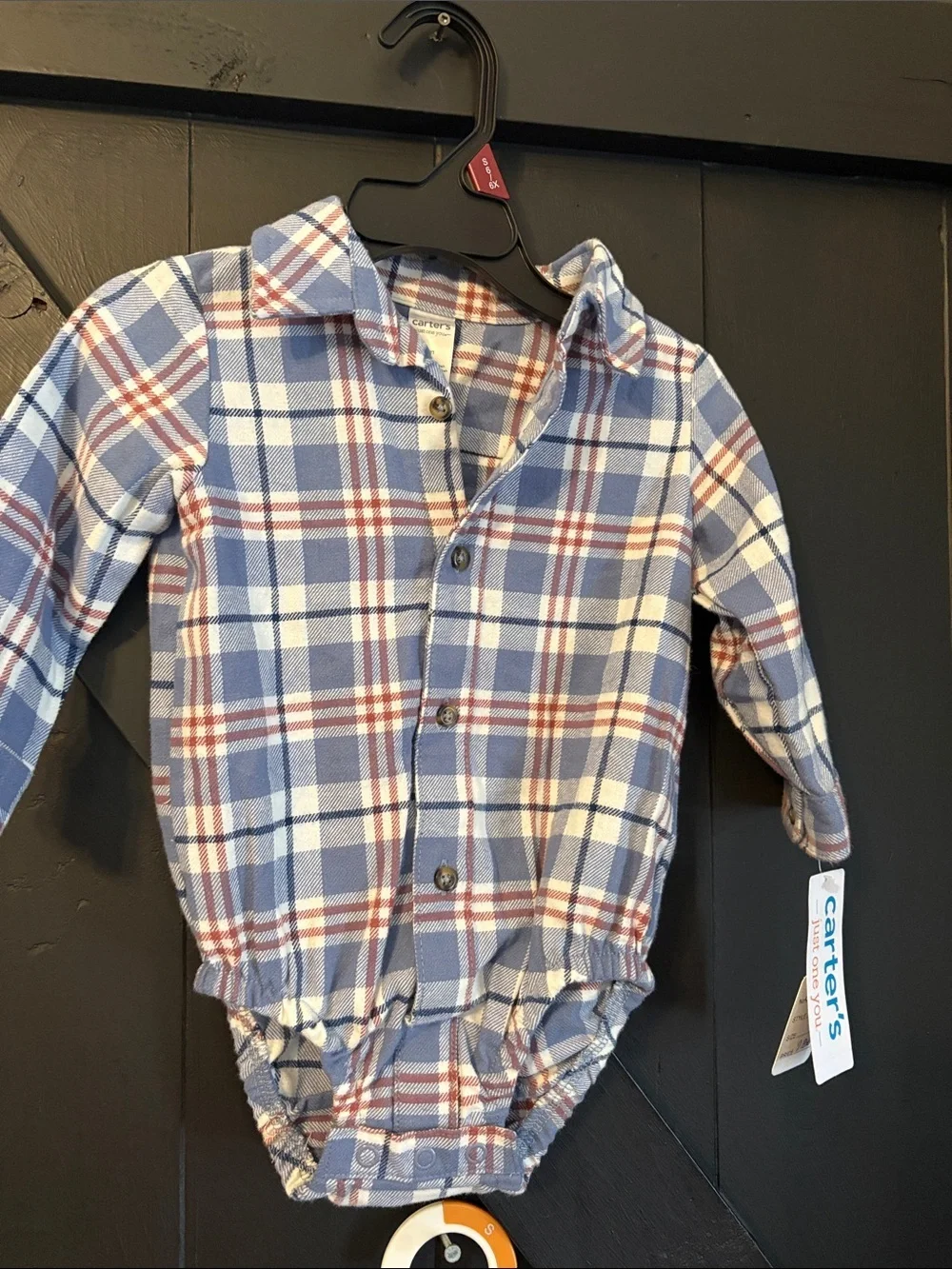 Carter's Blue and White Plaid Button-Up Bodysuit with Blue Pants - Picture 2 of 5